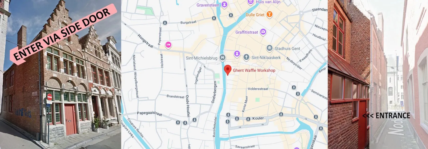 Map and entrance of the Waffle Workshop in Ghent, Belgium