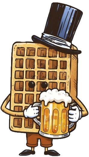 Waffle and beer workshop mascot holding a Belgian beer