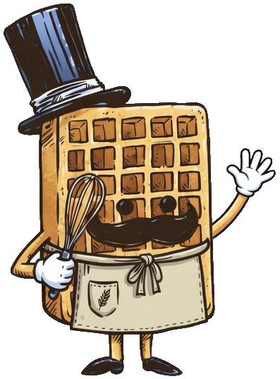Classic Waffle Workshop mascot with a whisk